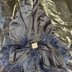 Elegant Dark Blue Satin Top with Feather Details